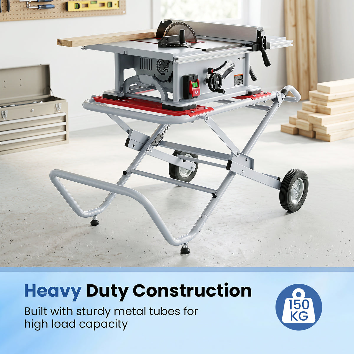 The metal base supporting a table saw with a graphic highlighting its heavy duty construction