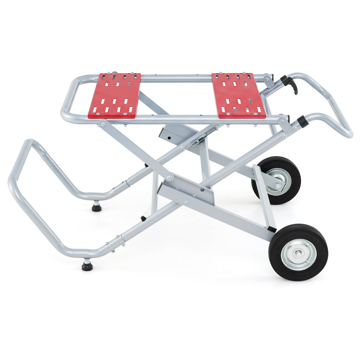The metal base shown from the side with its frame extended and wheels on the ground