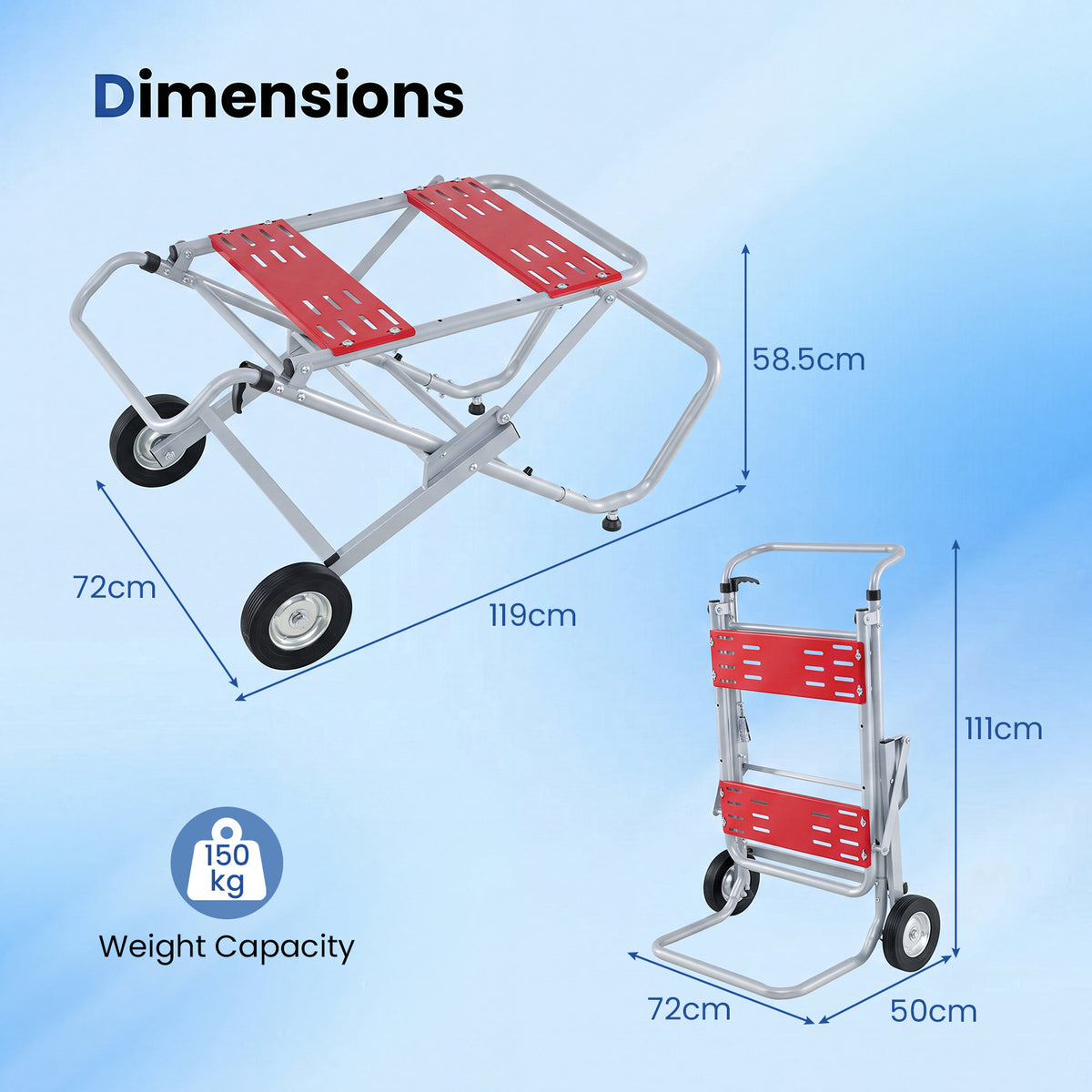 The metal base showing dimensions for both the unfolded and folded configurations