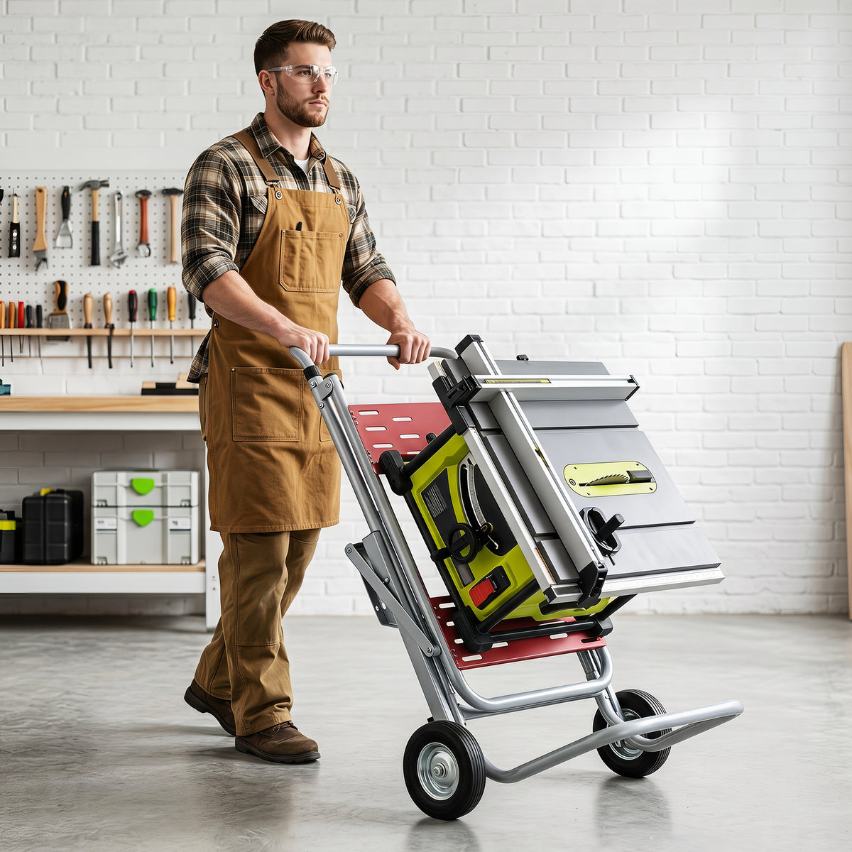 The metal base being used as a trolley to transport a table saw across a workshop floor