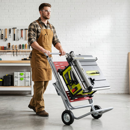 The metal base being used as a trolley to transport a table saw across a workshop floor
