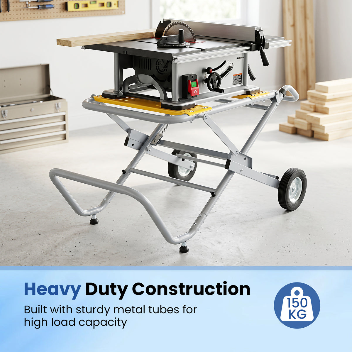 Close-up of the heavy duty metal base with yellow supports and rubber wheels