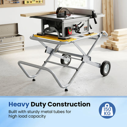 Close-up of the heavy duty metal base with yellow supports and rubber wheels