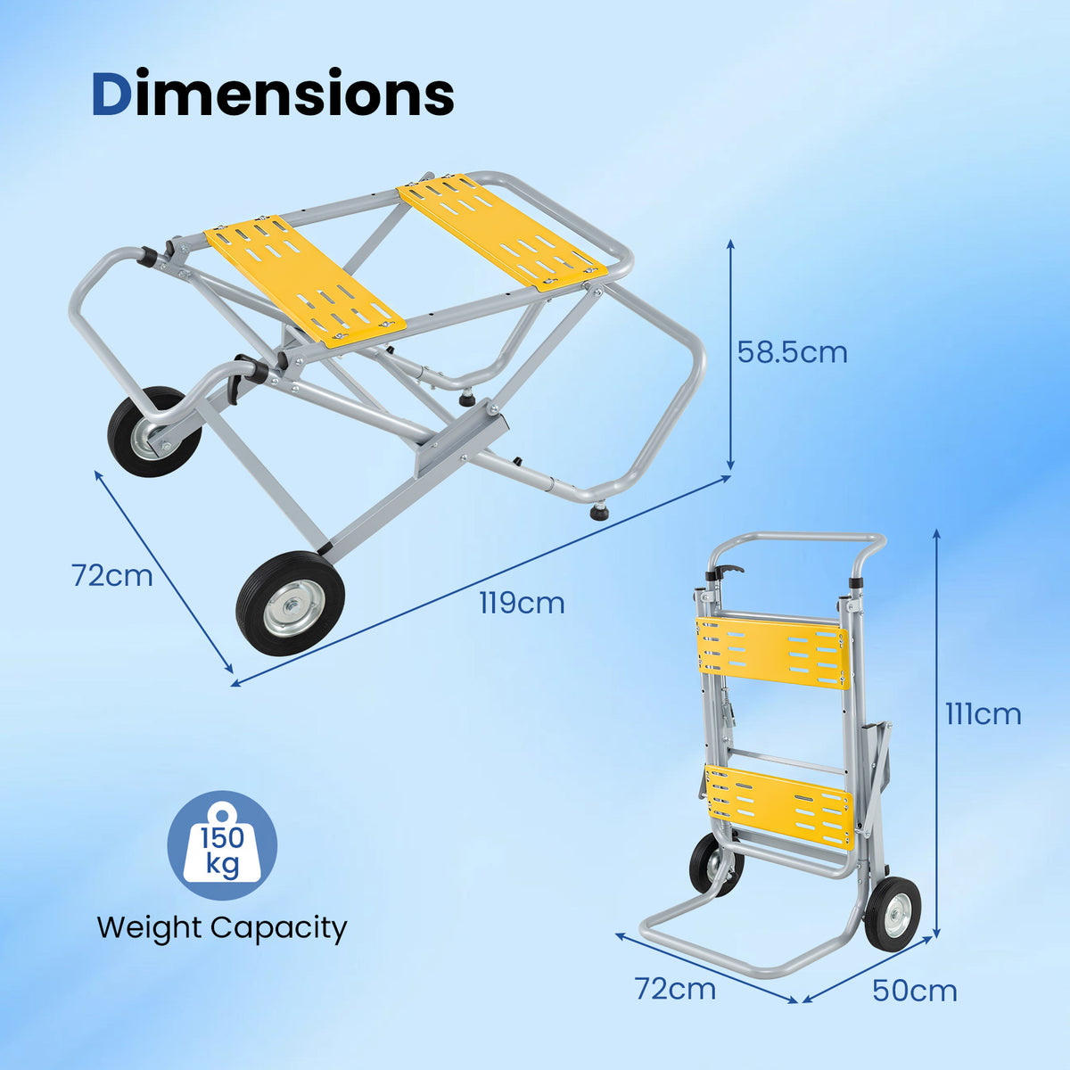 Dimensions diagram showing the folded and unfolded sizes of the metal base