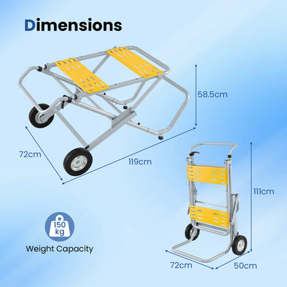 Dimensions diagram showing the folded and unfolded sizes of the metal base