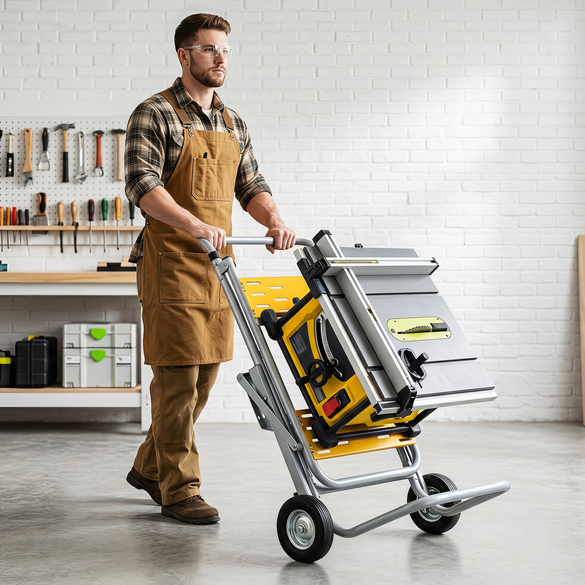 A man in an apron wheels a folded table saw on the metal base through a workshop