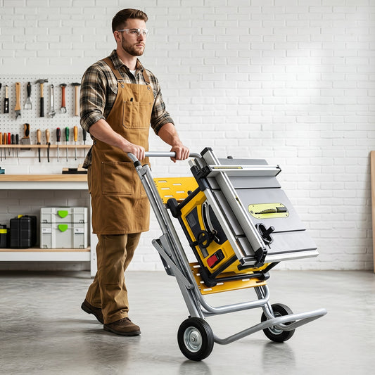 A man in an apron wheels a folded table saw on the metal base through a workshop