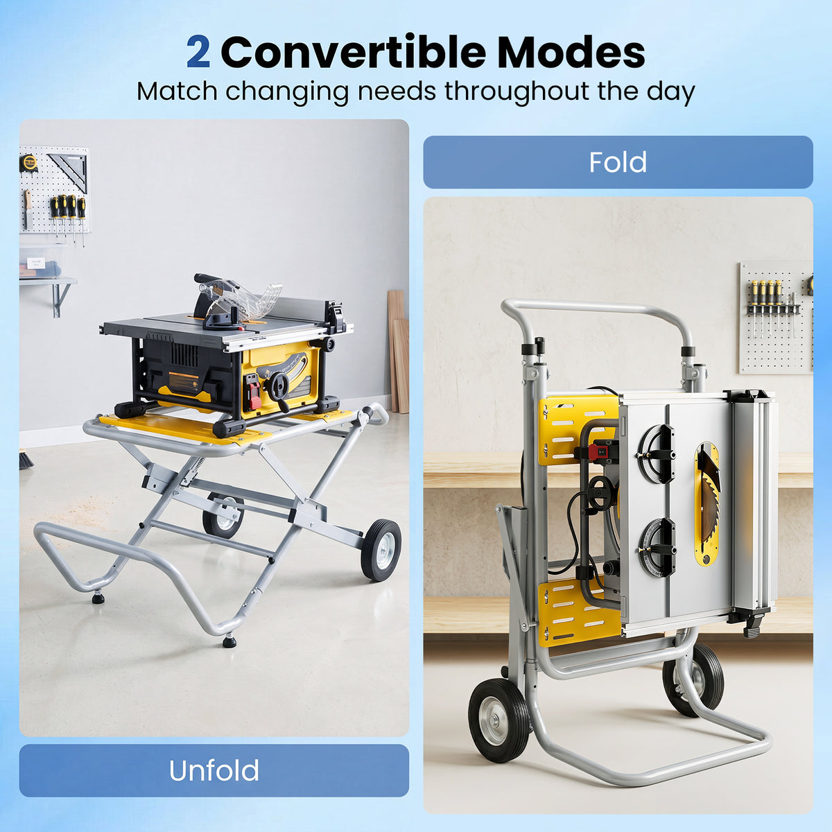 Two modes shown: Folded and Unfolded, for the metal base with a table saw