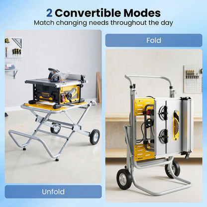 Two modes shown: Folded and Unfolded, for the metal base with a table saw