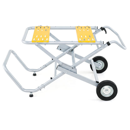 The metal base is shown from a side angle, with yellow support plates and black wheels