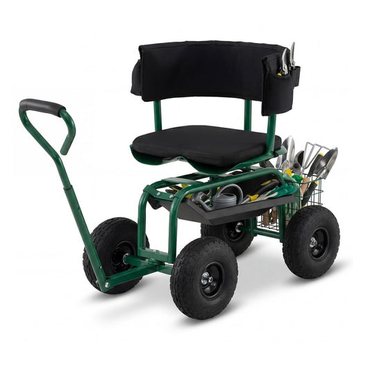 Rolling Garden Work Seat with wheels, swivel seat and extendable handle in green