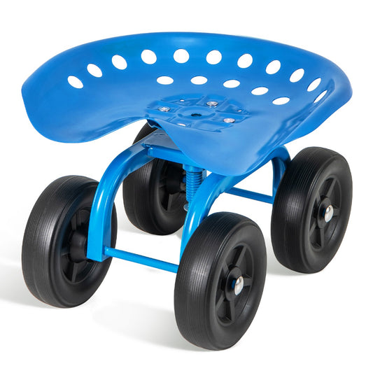 Rolling Garden Workseat with 360°Swivel Seat and Adjustable Height in blue, a four-wheeled seat with a tractor-style seat