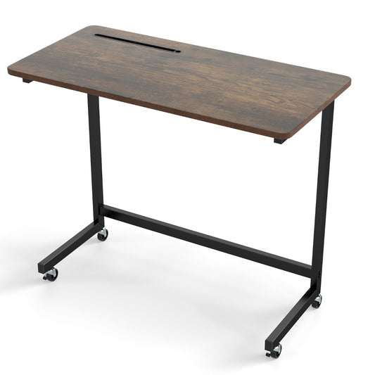 Rolling Laptop Desk Cart with Tablet Slot and Wheels, a rustic brown wooden top with black metal legs and wheels