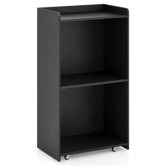 Rolling Lectern Stand in black with two open shelves and small wheels at the base