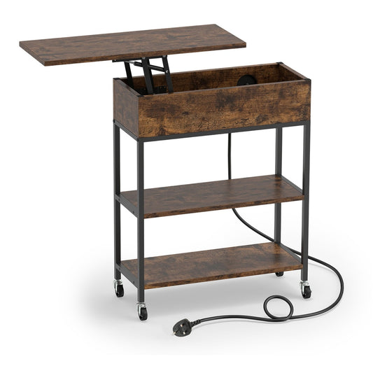 Rolling Lift Top End Table with charging station and hidden compartment in rustic brown