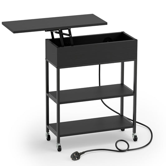 Rolling Lift Top End Table with a black frame and open storage compartment on wheels
