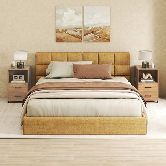 The natural wood effect nightstand in a bedroom setting next to a bed