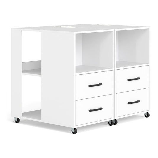 Rolling Nightstand with storage drawers and shelves in white