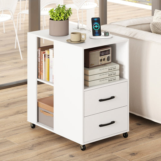 The white nightstand with two drawers and open shelves is shown on the side