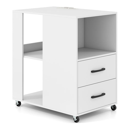 Rolling Nightstand with Storage Drawers and Shelves, a white unit with two drawers and open shelves on wheels