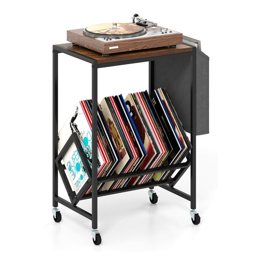 Rolling Record Player Stand with a wooden top and vinyl storage rack on four castor wheels