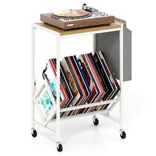 Rolling Record Player Stand with a turntable on top and vinyl records stored in the lower rack