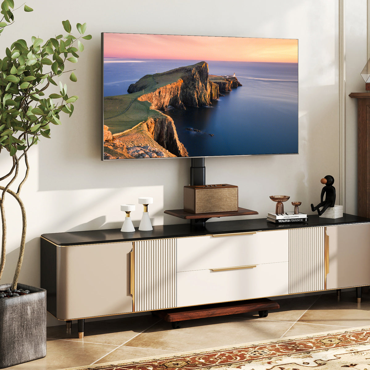 Entertainment center and TV stand with a TV mounted and tilted