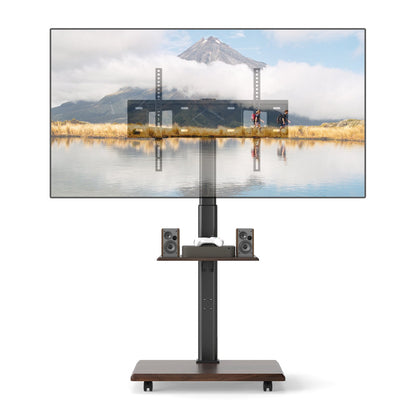 Rolling TV Stand on Wheels with adjustable shelf and mount holding a TV