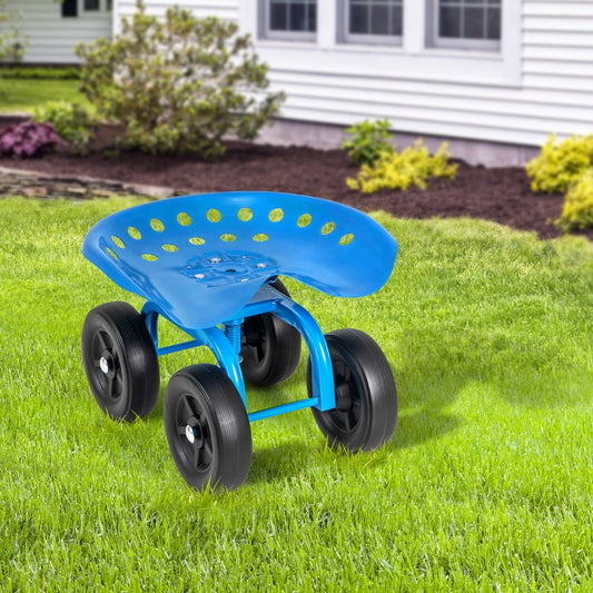 The blue rolling garden seat with four wheels on green grass