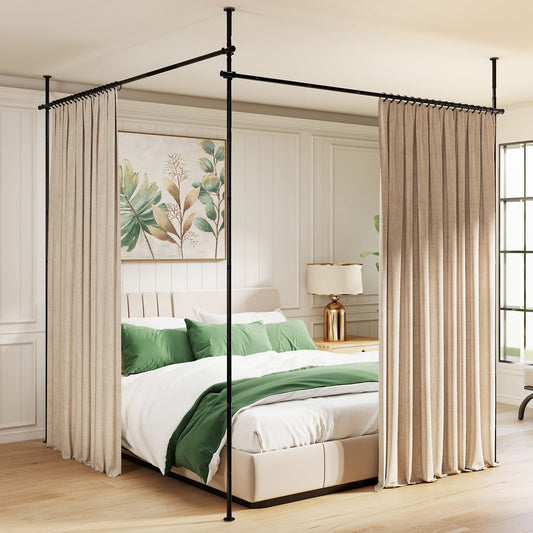 Room Divider Curtain Rod Adjustable Floor tension system framing a bed with beige curtains