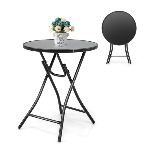 Round Bistro Table with Tempered Glass Tabletop, a black metal folding table with a round glass top