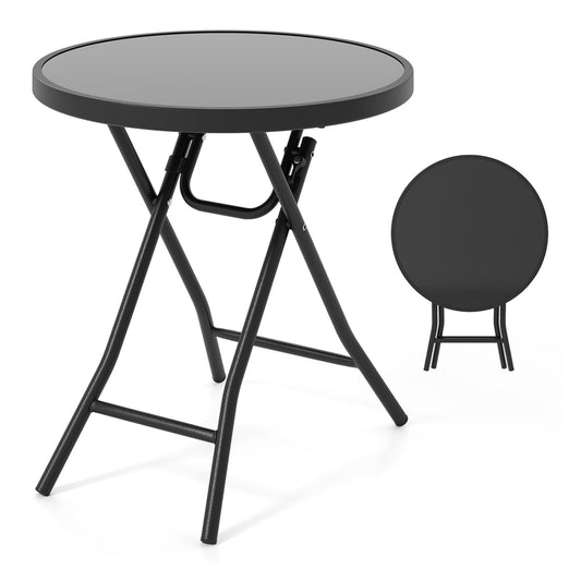 Round Folding Side Patio Coffee Table with a black tempered glass top and folding metal legs