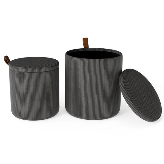 Round Ottoman set of two with grey ribbed fabric and brown leather pull tabs on the lids