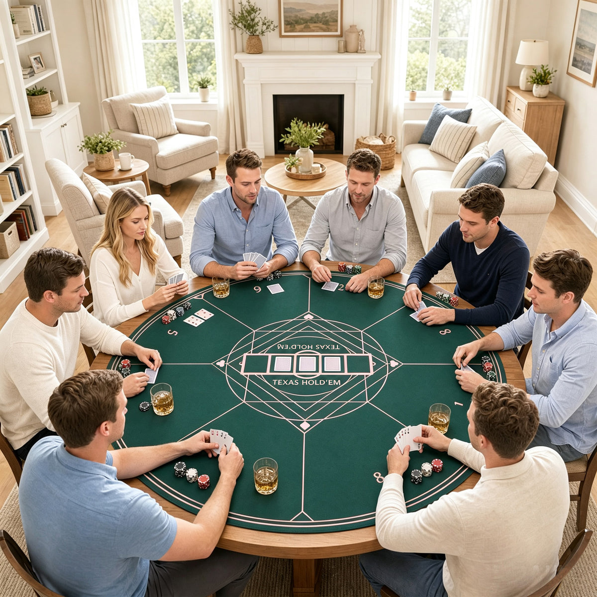 The round poker mat in use for a game of Texas Hold'em with eight people seated around a table