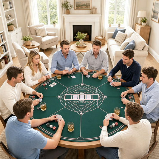 The round poker mat in use for a game of Texas Hold'em with eight people seated around a table