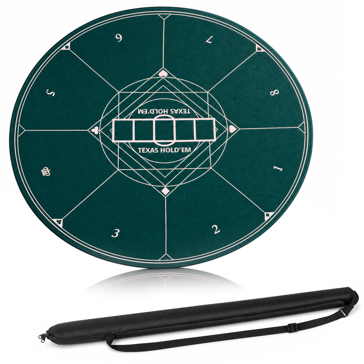 Round Poker Mat for Texas Hold'em 140 cm with Carrying Bag-Green, shown laid out flat with its black carrying bag beside it