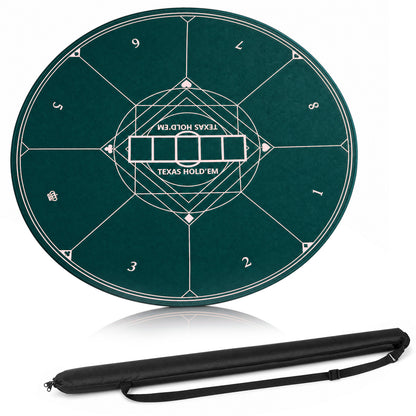 Round Poker Mat for Texas Hold'em 140 cm with Carrying Bag-Green, shown laid out flat with its black carrying bag beside it