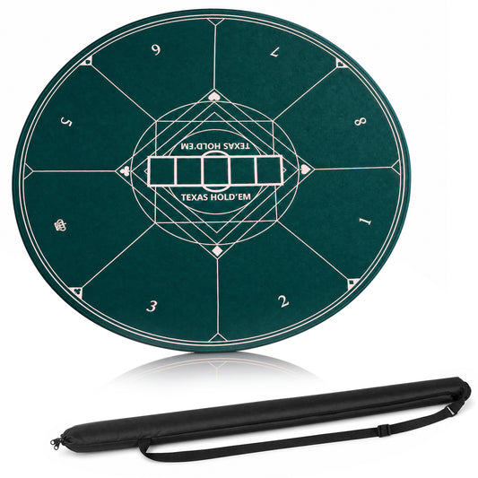Round Poker Mat for Texas Hold'em 140 cm with Carrying Bag-Green, shown laid out flat with its black carrying bag beside it