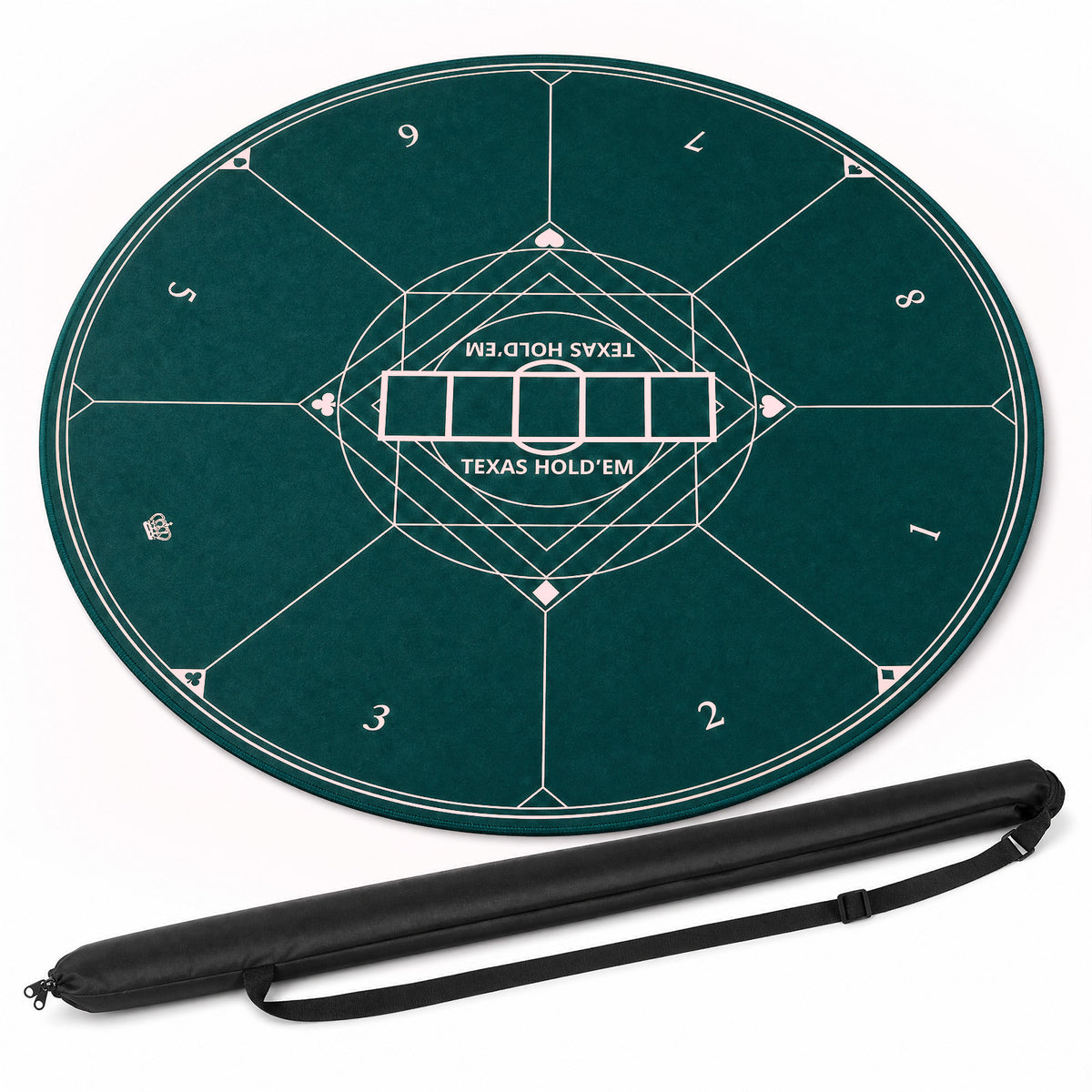 The green poker mat and its black carrying bag, presented together on a plain background