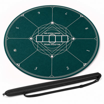 The green poker mat and its black carrying bag, presented together on a plain background