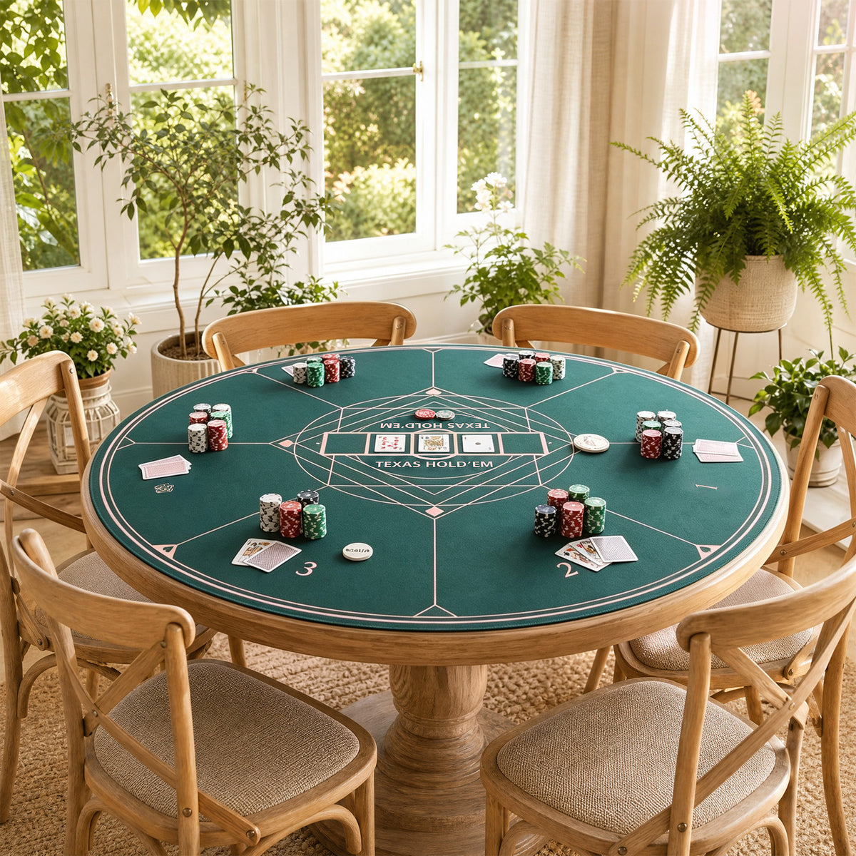 The green poker mat on a round wooden table, set up for a game with chips and cards visible