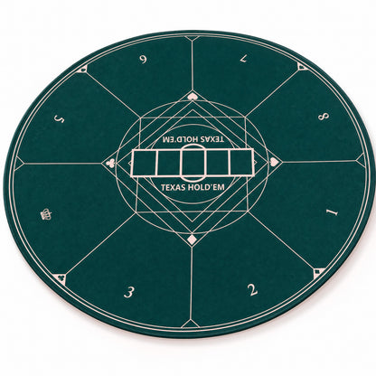 The Texas Hold'em poker mat viewed from above, showing the numbered sections and central design