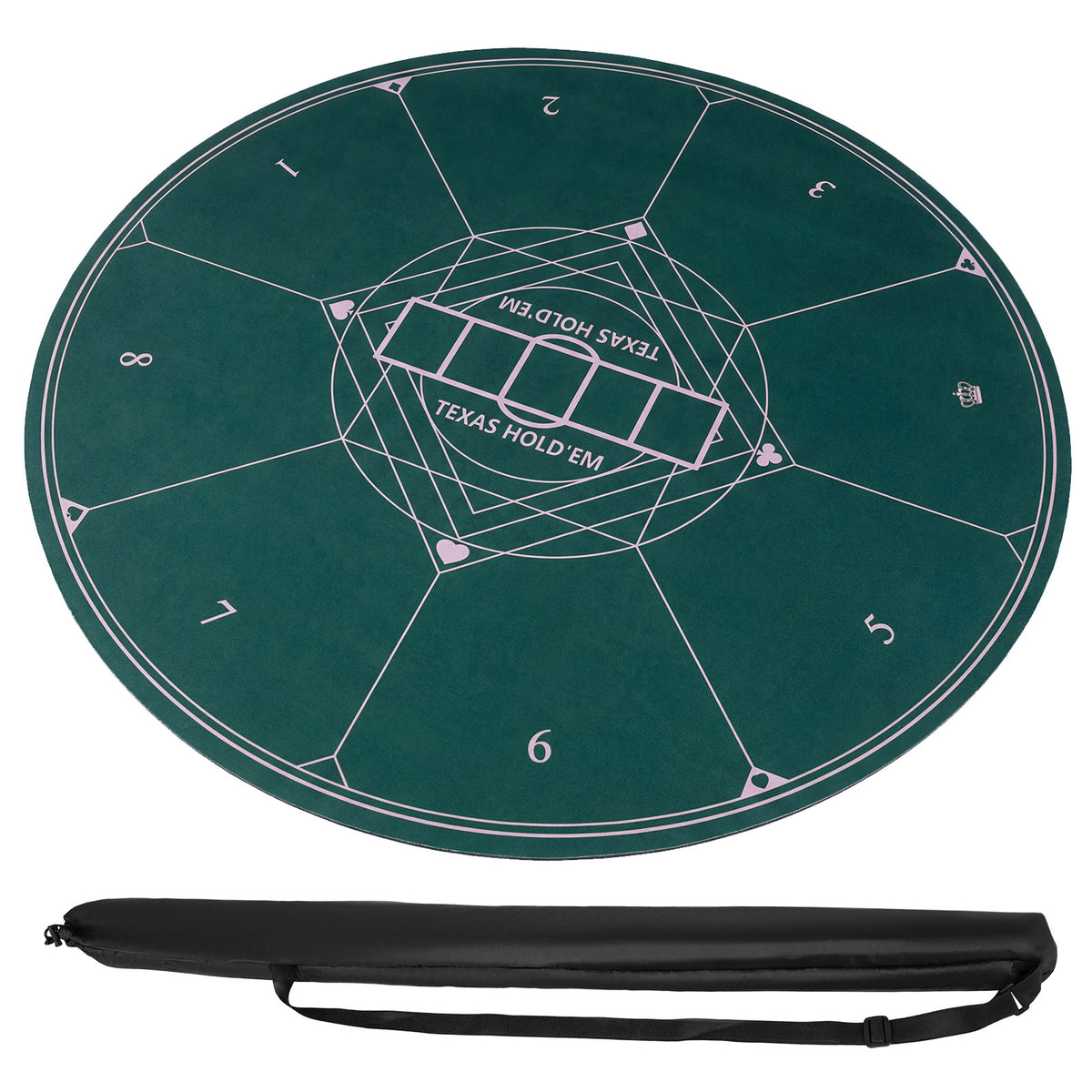 The green circular card table cover positioned above its black fabric storage bag
