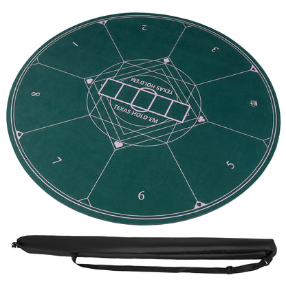 The green circular card table cover positioned above its black fabric storage bag