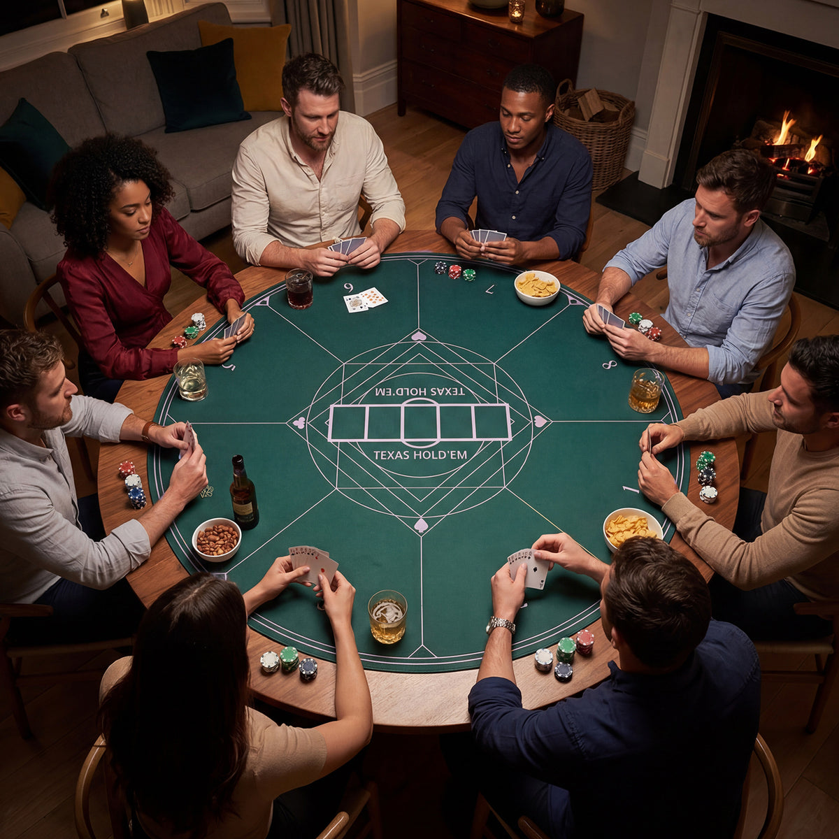The game room mat in use by a group of friends playing cards around a round table