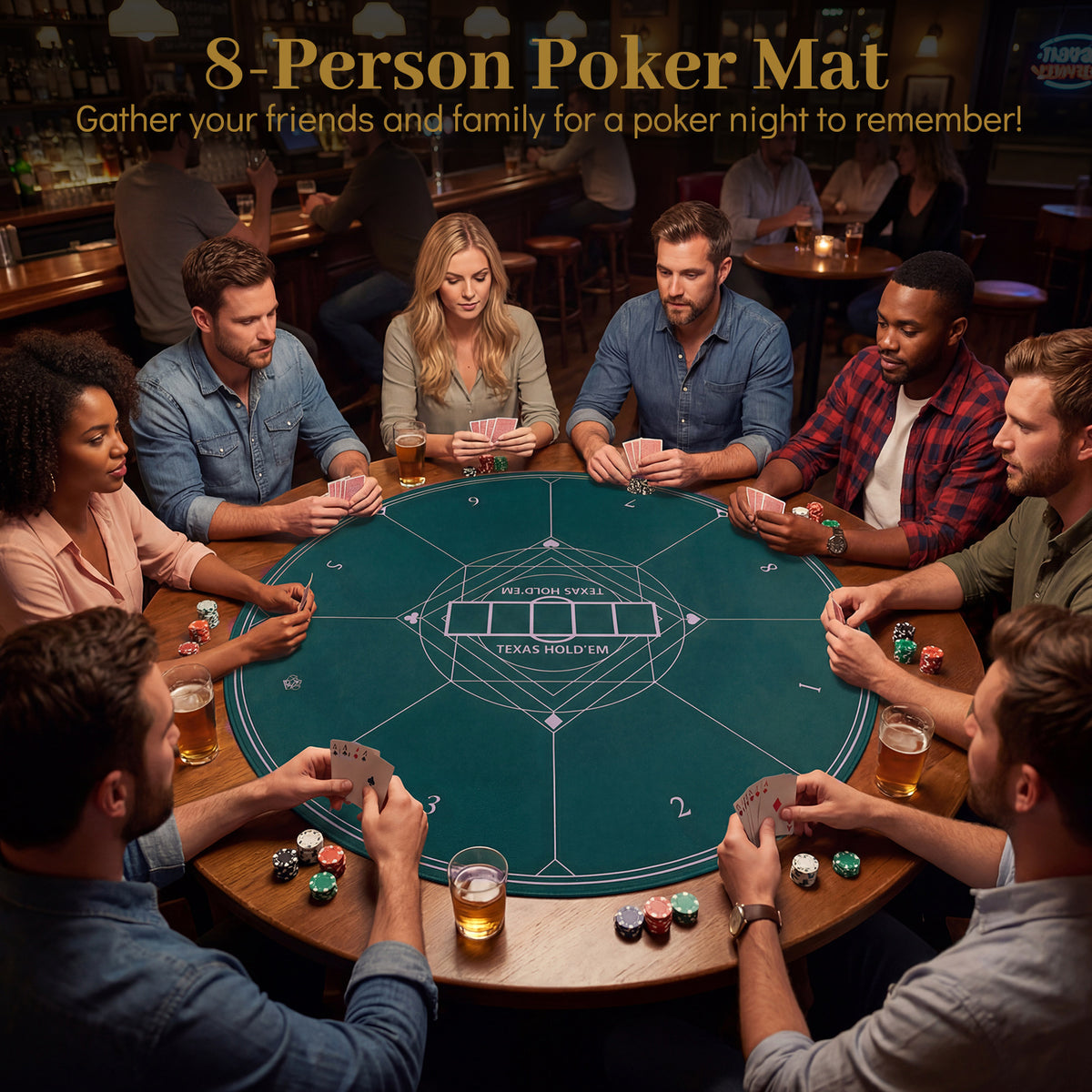 The green card table cover spread across a large wooden table with people playing a card game