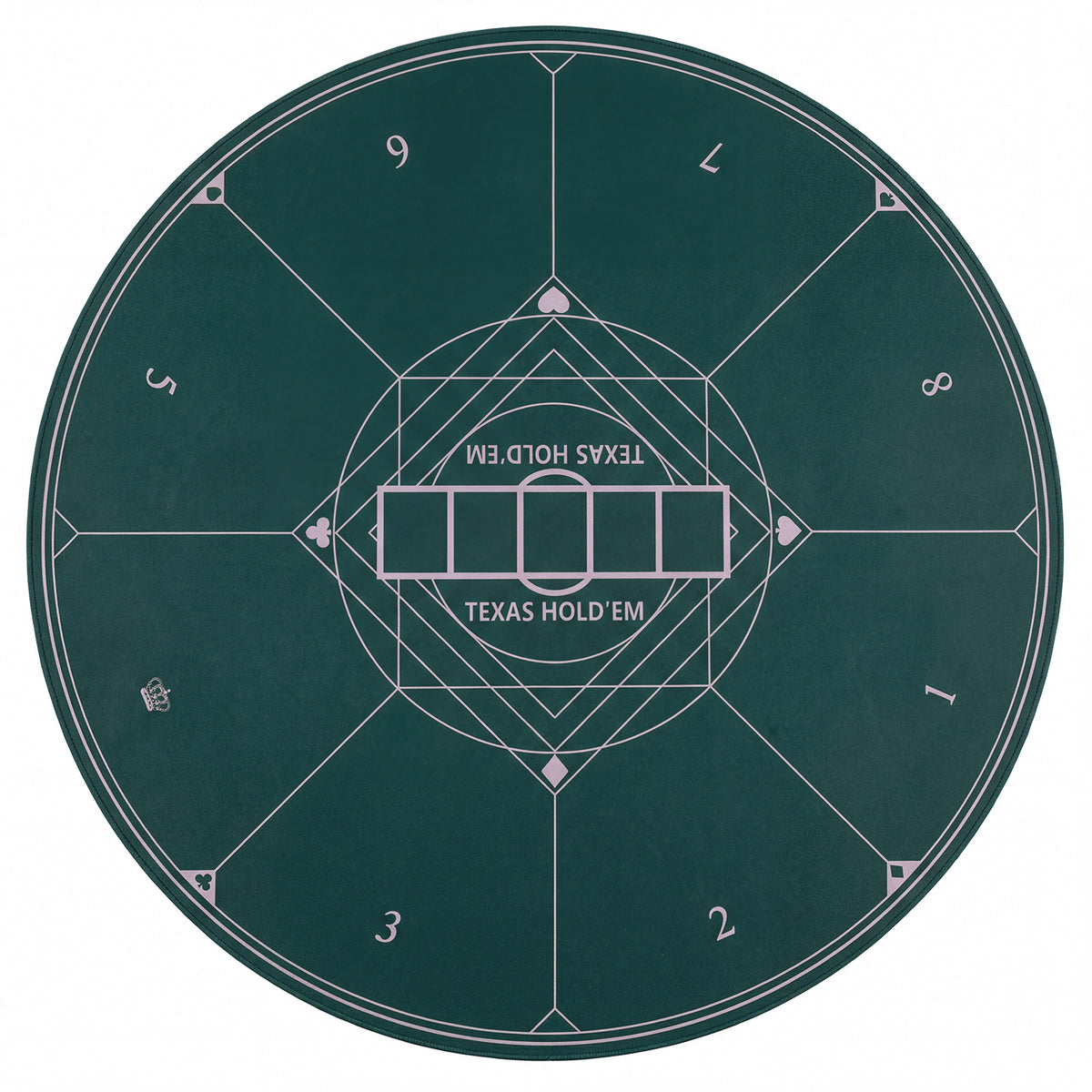 Round Poker Mat showing the green surface with white markings and card placement areas
