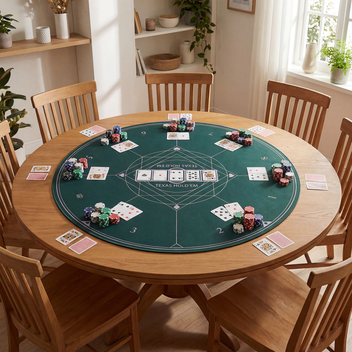 The game room mat laid out on a wooden dining table with playing cards and poker chips