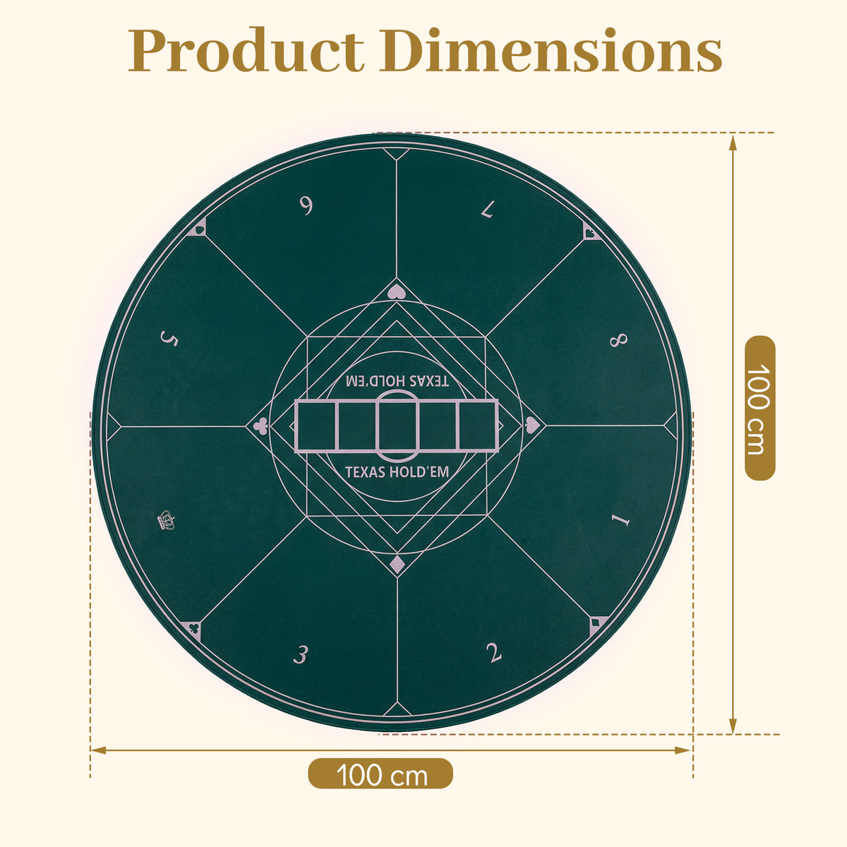 The circular card table cover shown with technical lines indicating its total width and length