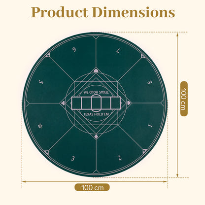 The circular card table cover shown with technical lines indicating its total width and length